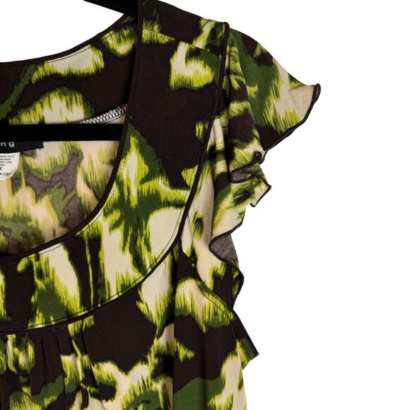 Y2K Witchy Grunge Whimsigoth Sz 1x Stretch Ruffled Sleeve Green Brown‎ Top - Picture 3 of 7